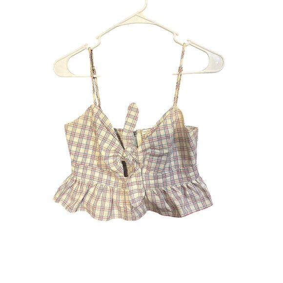 Plaid Knot Front Peplum Crop Top By English Factory Size S - Picture 2 of 5